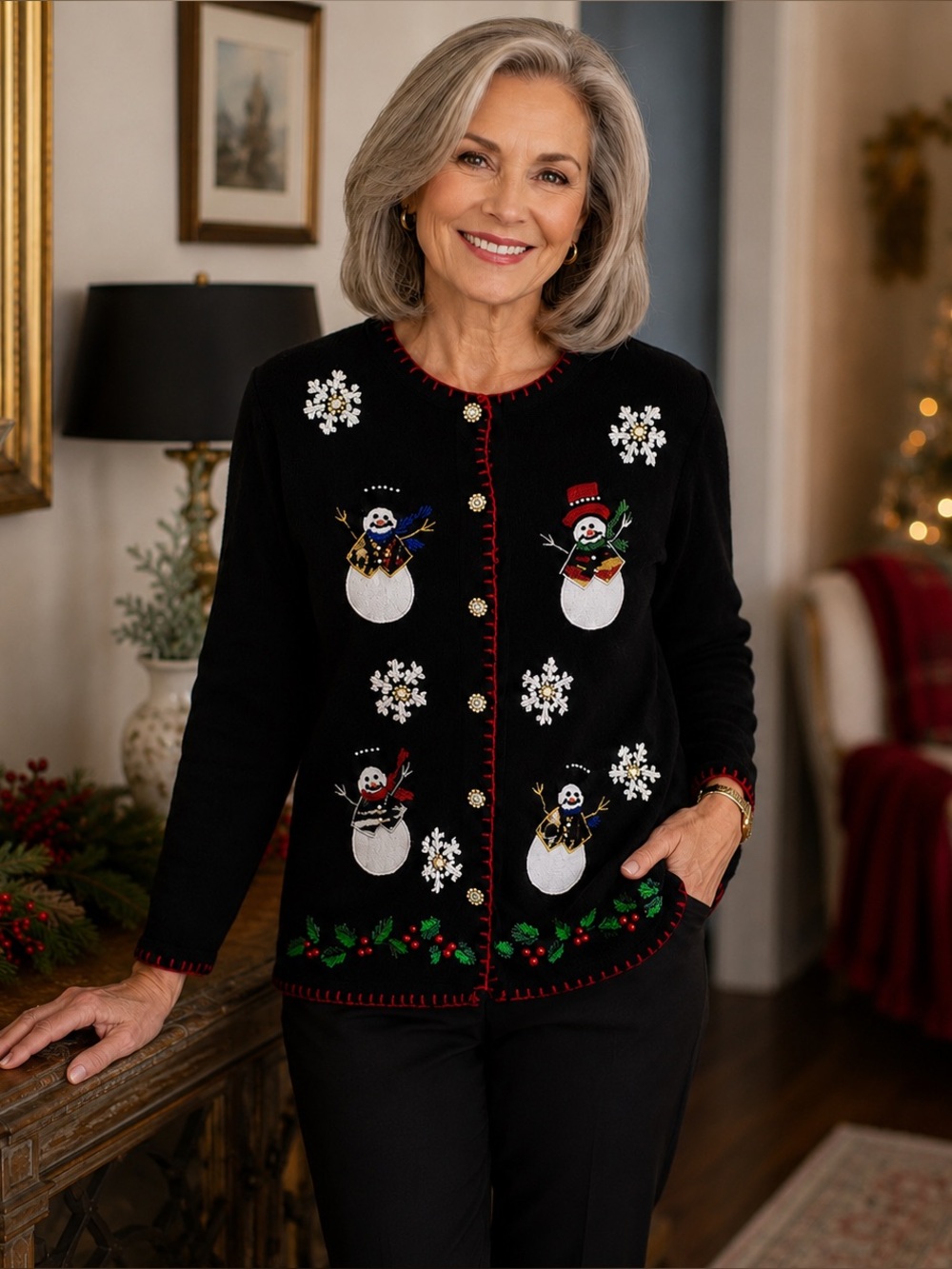 Victoria Jones Women’s Cardigan Sweater Snowman & Rhinestones Medium